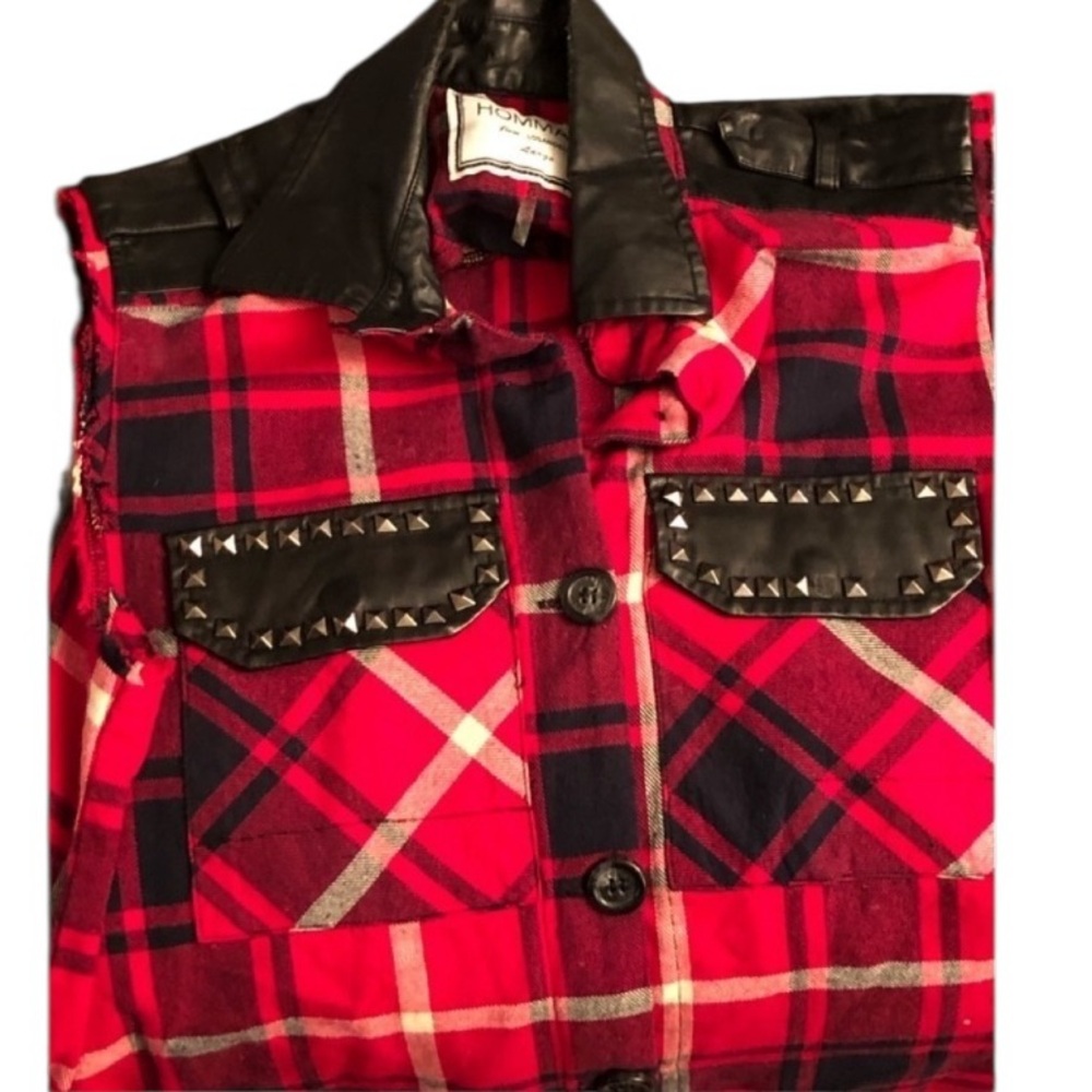 Hommage large Red Flannel Sleeveless Top w/ Faux Leather & Studs